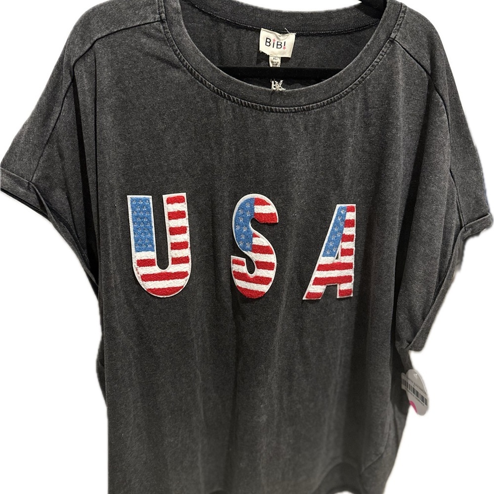 BiBi Charcoal Mineral Washed USA Flag Graphic Tee